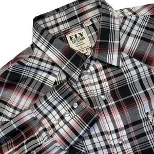 Ely Cattleman Mens XL Shirt‎ Red Black Plaid Pearl Snap Western Cowboy